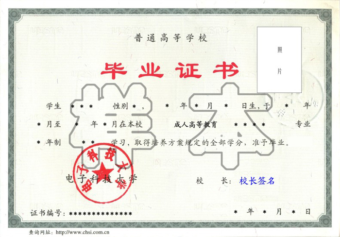电子科技类大学成人高等学历教育毕业证书样本