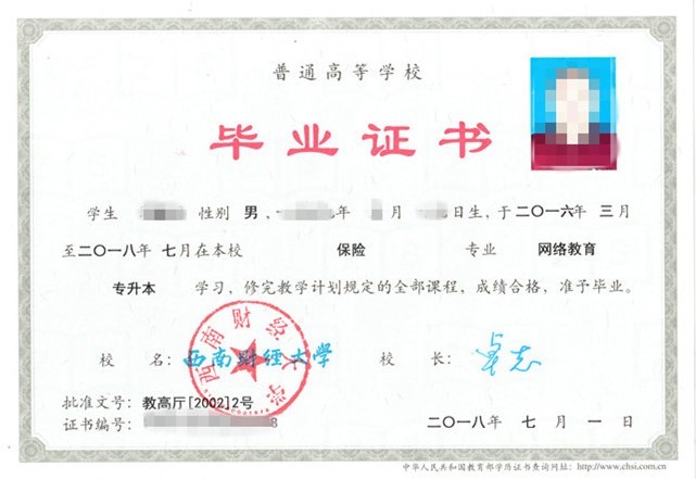西南财经类大学现代（网络）远程教育毕业证样本