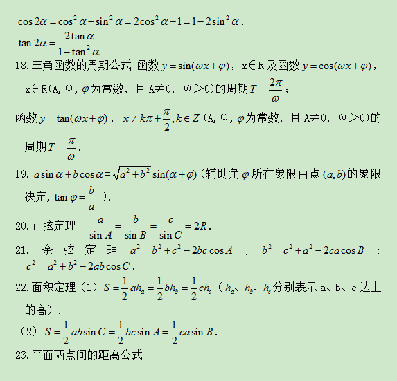 2020年成人高考大专常用数学公式总结