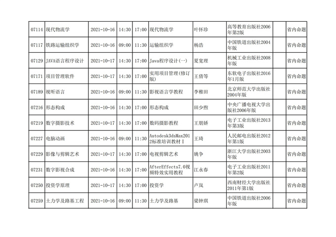 四川省高等教育自学考试212次2021年10月考试课表、课程简表
