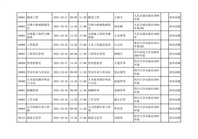 四川省高等教育自学考试212次2021年10月考试课表、课程简表