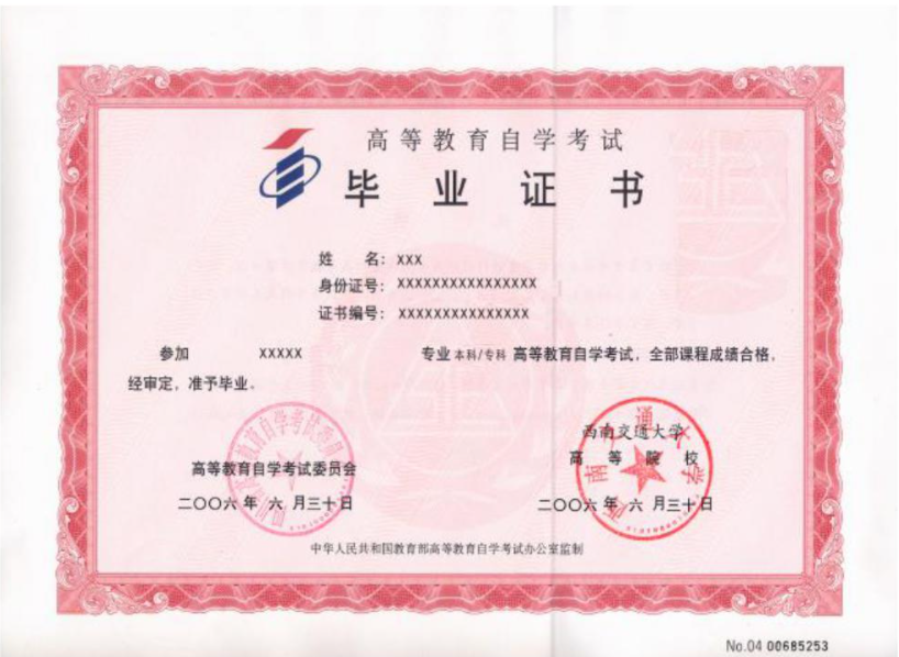 西南交通类大学自考毕业证书样本