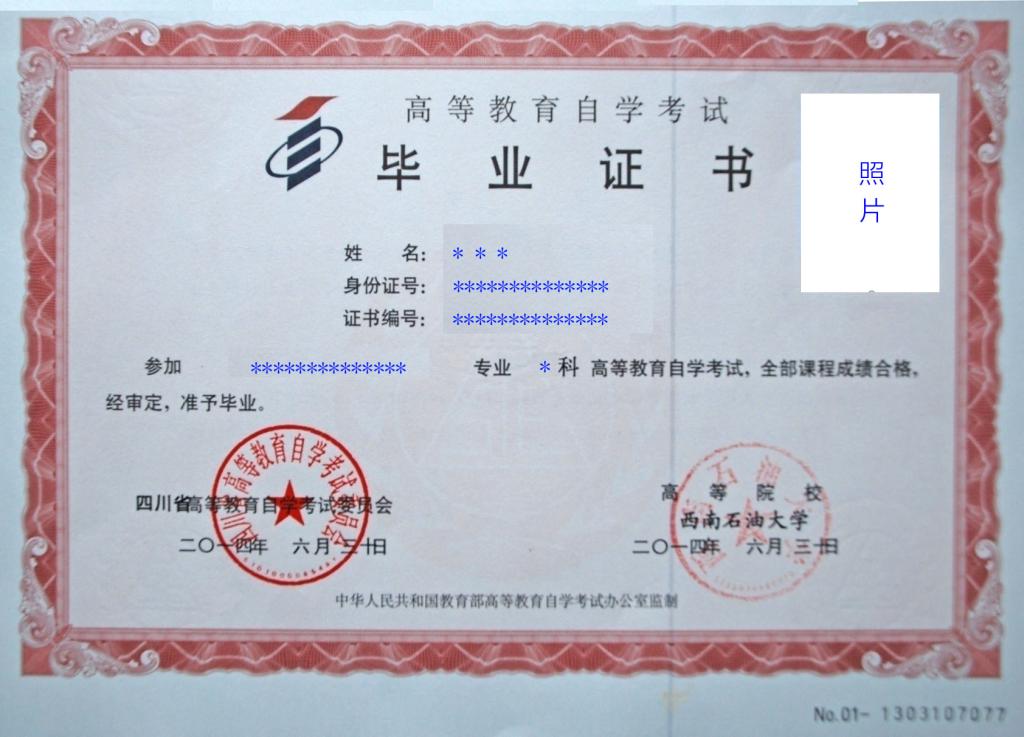 西南石油成人大学自考毕业证书样本